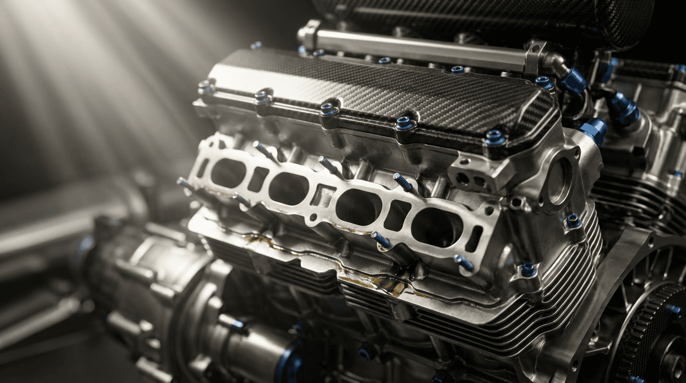 Close-up of polished racing engine block with precision-machined surfaces and titanium finish under studio lighting.