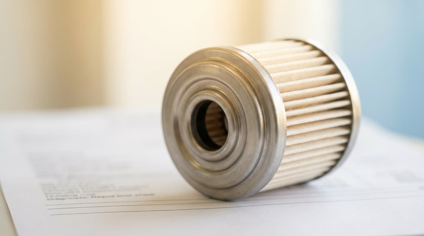 Close-up oil filter on service report with soft studio lighting and blurred professional background.